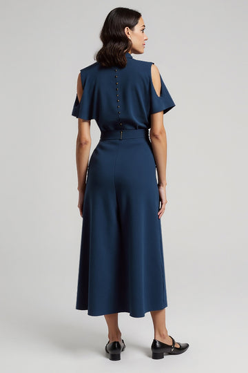 Dark Blue Sheath Satin Tea Length Work Dress with Belt